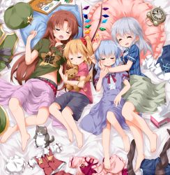 Rule 34 | 4girls, :d, :o, ^ ^, adapted costume, alarm clock, alternate costume, artistic error, assisted exposure, asymmetrical hair, bad id, bad twitter id, bare legs, barefoot, bed sheet, beret, black shorts, blanket, blonde hair, blue hair, blush, book, bow, braid, brooch, cat, clock, closed eyes, closed mouth, clothes lift, clothes on floor, clothes writing, contemporary, crystal, demon wings, dress, flandre scarlet, frilled pillow, frills, from above, full body, gem, glowing, green bow, green hat, green shirt, hair bow, hat, holding, hong meiling, izayoi sakuya, jewelry, lifting another&#039;s clothes, mob cap, multiple girls, no legwear, open mouth, panties, parted lips, pillow, purple dress, rainbow order, red bow, red gemstone, red hair, red panties, red ribbon, red shirt, red vest, remilia scarlet, ribbon, ruu (tksymkw), shirt, shirt lift, short sleeves, shorts, side ponytail, sleeping, smile, star (symbol), striped bow, striped clothes, striped shirt, sweatdrop, t-shirt, tissue, tissue box, touhou, twin braids, underwear, unworn hat, unworn headwear, unworn shirt, unworn vest, vertical-striped clothes, vertical-striped shirt, vest, white hat, white headwear, white shirt, wings, wrong hand
