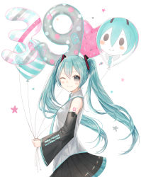 Rule 34 | 1girl, 39, aqua eyes, aqua hair, bad id, bad pixiv id, balloon, blush stickers, character name, dated, detached sleeves, from side, hatsune miku, highres, long hair, necktie, one eye closed, pleated skirt, ramune., simple background, skirt, smile, solo, twintails, very long hair, vocaloid, white background