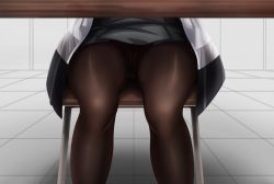 Rule 34 | 1girl, absurdres, bad id, bad pixiv id, black dress, cameltoe, chair, dress, fate/grand order, fate (series), highres, indoors, jacket, jellyring, legs, lower body, mash kyrielight, no panties, open clothes, open jacket, pantyhose, sitting, solo, table, tile floor, tiles, upskirt, white jacket