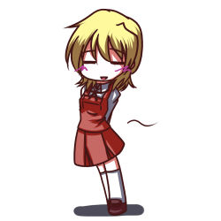 Rule 34 | 00s, 1girl, :d, apron, arms behind back, blonde hair, bow, chibi, closed eyes, dress, earrings, fictional sister, full body, hidamari sketch, jewelry, loafers, long sleeves, miyako (hidamari sketch), open mouth, red dress, shirt, shoes, short hair, simple background, smile, solo, standing, thighhighs, white background, white shirt, white thighhighs, zettai ryouiki