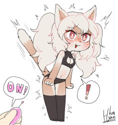 Rule 34 | !, 1girl, :3, absurdres, animal ears, artist name, bare shoulders, black bra, black panties, black thighhighs, blonde hair, blush, bra, breasts, cat cutout, cat ears, cat tail, choreuny hyamkeu, cleavage cutout, clenched hands, clothing cutout, controller, covered collarbone, disembodied hand, disembodied hand, fang, female focus, full body, furry, furry female, highres, holding, leaning forward, legs together, long hair, navel, nose blush, open mouth, original, panties, red eyes, remote control, remote control vibrator, sex toy, signature, simple background, small breasts, smile, solo, speech bubble, spoken exclamation mark, standing, tail, thighhighs, trembling, twintails, underwear, underwear only, vibrator, white background