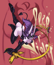 Rule 34 | 1girl, alex ahad, ass, blue hair, breasts, character name, cleavage, colored skin, commission, d. violet (skullgirls), demon tail, domino mask, large breasts, leotard, long hair, mask, mole, mole under mouth, purple hair, purple skin, red background, skullgirls, tail, thighhighs, top-down bottom-up, whip