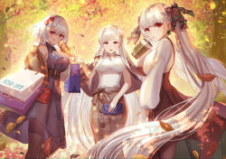 Rule 34 | 3girls, :d, absurdres, alternate costume, autumn leaves, azur lane, bag, belfast (azur lane), black capelet, blouse, breasts, capelet, cardigan, casual, commentary request, cup, dolce (dolsuke), dress, drinking, drinking straw, formidable (azur lane), hair ribbon, handbag, highres, holding, holding cup, huge filesize, large breasts, licking lips, long hair, long skirt, looking at viewer, multiple girls, open cardigan, open clothes, open mouth, plaid, plaid dress, plaid skirt, purple eyes, red eyes, ribbon, shirt, shopping bag, short hair, silver hair, sirius (azur lane), skirt, sleeveless, sleeveless dress, sleeveless shirt, smile, tongue, tongue out, twintails, very long hair, white shirt