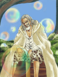 Rule 34 | 1boy, bubble, cloak, facial hair, glasses, grey hair, looking at viewer, male focus, one piece, outdoors, sabaody archipelago, scar, silvers rayleigh, sitting, solo