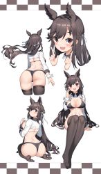 Rule 34 | 1girl, :d, absurdres, alternate costume, animal ears, arm at side, ass, atago (azur lane), atago (stunning speedster) (azur lane), azur lane, bikini, black bikini, black hair, black thighhighs, blush, breasts, brown eyes, butt crack, cleavage, closed mouth, commentary, extra ears, eyelashes, fingernails, floating hair, from behind, hair ribbon, hand to head, hand up, highres, hop3, jacket, large breasts, legs, letterboxed, long hair, long sleeves, looking at viewer, looking back, multiple views, nail polish, navel, no mole, no shoes, open mouth, pink nails, race queen, ribbon, shrug (clothing), sidelocks, simple background, sitting, skindentation, smile, soles, standing, stomach, strap gap, swept bangs, swimsuit, teeth, thighhighs, thong, thong bikini, toes, two-tone bikini, upper teeth only, very long hair, wariza, white background, white ribbon, wing collar, wrist cuffs