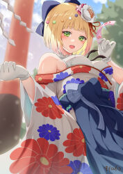 Rule 34 | 1girl, absurdres, arm at side, bare shoulders, blonde hair, blue hakama, blue skirt, blurry, blurry background, bob cut, bow, breasts, cowboy shot, depth of field, flower, gloves, gradient hair, green eyes, hair bow, hair flower, hair ornament, hakama, hakama skirt, highres, holding, hololive, iikiroro, japanese clothes, kanzashi, kimono, looking at viewer, medium breasts, momosuzu nene, momosuzu nene (new year), multicolored hair, new year, off shoulder, official alternate costume, official alternate hair length, official alternate hairstyle, omikuji, open mouth, pink hair, print kimono, short hair, shrine, skirt, solo, torii, virtual youtuber, w arms, white gloves, white kimono