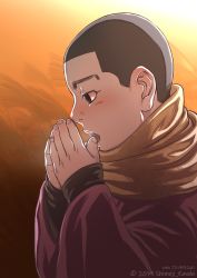 Rule 34 | 1boy, black eyes, black hair, blush, buzz cut, decoy00xx, from side, golden kamuy, long sleeves, male focus, ogata hyakunosuke, open mouth, own hands together, scarf, short hair, solo, upper body, very short hair, warming hands, wide sleeves, yellow scarf, aged down