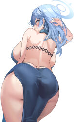 Rule 34 | 1girl, absurdres, ako (blue archive), ako (dress) (blue archive), ass, backless dress, backless outfit, bad anatomy, black hairband, blue archive, blue dress, blue eyes, blue hair, blue halo, breasts, cowboy shot, dress, earrings, fingernails, hairband, halo, hido (cherryhido), highres, jewelry, large breasts, long hair, looking at viewer, looking back, nail polish, official alternate costume, purple nails, sleeveless, sleeveless dress, solo