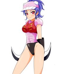 Rule 34 | 10s, 1girl, artist request, blue hair, blush, breasts, female focus, garada k7, hat, highres, leotard, long hair, looking at viewer, medium breasts, partially visible vulva, red eyes, robot girls z, shiny skin, smile, solo
