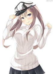 Rule 34 | 10s, 1girl, alternate costume, bad id, bad pixiv id, blue eyes, brown hair, graf zeppelin (kancolle), hat, kankitsunabe (citrus), kantai collection, long hair, peaked cap, ribbed sweater, smile, standing, sweater, twintails