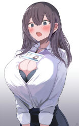 Rule 34 | 1girl, absurdres, black bra, black skirt, blush, bra, breasts, brown hair, bursting breasts, cleavage, collared shirt, commentary request, dress shirt, embarrassed, gradient background, green eyes, hair between eyes, highres, large breasts, long hair, name tag, office lady, open mouth, original, shirt, sidelocks, simple background, skirt, solo, teeth, underwear, upper body, upper teeth only, white shirt, yuzuki himuka