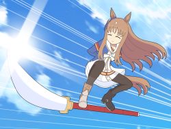 Rule 34 | 1girl, animal ears, brown hair, commentary request, dragon ball, closed eyes, false smile, flying, hair ornament, highres, horse ears, horse girl, horse tail, kudan (kudan4429), motion lines, pantyhose, parody, sky, smile, solo, tail, umamusume, weapon