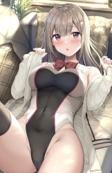 Rule 34 | 1girl, :o, argyle, argyle clothes, argyle pillow, arms up, bare hips, black thighhighs, blush, bow, bowtie, breasts, couch, grey hair, highleg, highleg swimsuit, highres, looking at viewer, lying, medium breasts, navel, on back, one eye closed, open clothes, open shirt, original, partially undressed, pillow, purple eyes, skin tight, skindentation, solo, swimsuit, thighhighs, tomoo (tomo), undressing