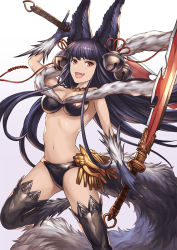 Rule 34 | 10s, 1girl, :d, animal ears, bad id, bad pixiv id, bell, black thighhighs, blue hair, blunt bangs, breasts, brown eyes, cleavage, dual wielding, erune, fang, floating hair, fox ears, fox tail, fur, granblue fantasy, hair bell, hair ornament, holding, holding sword, holding weapon, jingle bell, long hair, looking at viewer, maekawa yuichi, medium breasts, navel, open mouth, smile, solo, stomach, sword, tail, thighhighs, very long hair, weapon, yuel (granblue fantasy)