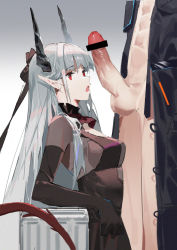 Rule 34 | 1boy, 1girl, absurdres, arknights, bar censor, black coat, black dress, black gloves, black ribbon, breasts, censored, chained sarkaz girl, coat, demon girl, demon horns, demon tail, doctor (arknights), dress, elbow gloves, erection, gloves, gradient background, grey background, grey hair, hair ribbon, hetero, highres, horns, imminent fellatio, long hair, looking at penis, medium breasts, naked coat, open clothes, open coat, pillar, pointy ears, red eyes, ribbon, solo focus, standing, tail, testicles, upper body, very long hair, winku