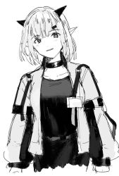 Rule 34 | 1girl, arknights, breasts, choker, collarbone, greyscale, head tilt, horns, inu to milk, jacket, long sleeves, medium breasts, monochrome, open clothes, open jacket, parted lips, pointy ears, puffy long sleeves, puffy sleeves, shirt, simple background, skirt, solo, vanilla (arknights), white background