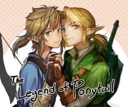 Rule 34 | 2boys, alternate hairstyle, blue eyes, bow (weapon), charcoalo, collaboration, dual persona, earrings, gloves, jewelry, link, long hair, mimme (haenakk7), multiple boys, nintendo, pointy ears, ponytail, shield, shield on back, sword, the legend of zelda, the legend of zelda: breath of the wild, the legend of zelda: ocarina of time, weapon