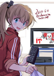 Rule 34 | 1girl, blue eyes, blush stickers, brown hair, controller, crying, crying with eyes open, dated, fingernails, hair between eyes, holding, holding remote control, it (stephen king), jacket, kantai collection, kumano (kancolle), long hair, odawara hakone, open mouth, pennywise, ponytail, red jacket, remote control, scared, shaded face, solo, tears, television, track jacket, twitter username, upper body