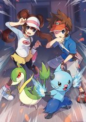Rule 34 | 1boy, 1girl, bag, battle subway, black leggings, black pantyhose, blue eyes, blue jacket, bow, bright pupils, brown hair, commentary request, creatures (company), dewott, double bun, emphasis lines, floating hair, game freak, gen 5 pokemon, grey shorts, hair bun, highres, jacket, leggings, leggings under shorts, legs apart, long hair, looking at viewer, lower teeth only, nate (pokemon), nintendo, one eye closed, open mouth, pantyhose, peron (niki2ki884), pink bow, pokemon, pokemon (creature), pokemon bw2, raglan sleeves, rosa (pokemon), servine, shoes, short shorts, short sleeves, shorts, shoulder bag, sneakers, standing, teeth, tongue, train interior, twintails, visor cap, white pupils, yellow shorts