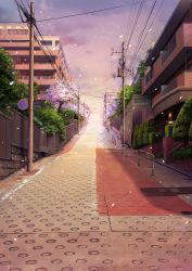 Rule 34 | akiyama uta, balcony, building, cable, cherry blossoms, cloud, commentary request, day, falling petals, handrail, hedge, highres, lamp, light, manhole, no humans, outdoors, petals, plant, post, potted plant, power lines, purple sky, road, saenai heroine no sodatekata, scenery, shade, sign, sky, street, transformer, tree, wall
