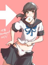 Rule 34 | 1girl, arrow (symbol), black eyes, black hair, black sailor collar, black skirt, blue neckerchief, bread, bread slice, butter, commentary request, cowboy shot, dated, dressing, facing viewer, food, food in mouth, fubuki (kancolle), fubuki kai ni (kancolle), highres, kantai collection, late for school, long hair, low ponytail, mouth hold, neckerchief, one-hour drawing challenge, panties, pink background, pleated skirt, ponytail, sailor collar, school uniform, serafuku, short ponytail, sidelocks, sideways glance, skirt, solo, toast, toast in mouth, twitter username, umibudou, underwear, white panties