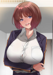 Rule 34 | 1girl, absurdres, arms under breasts, blue eyes, blush, breast hold, breasts, brown hair, cleavage, collarbone, crossed arms, fujimaru nono, highres, large breasts, long sleeves, looking at viewer, office lady, open mouth, ricochet-gou, short hair, smile, solo, teeth, tongue, upper body, upper teeth only, world trigger