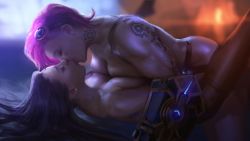 Rule 34 | 2girls, absurdres, arm tattoo, asymmetrical hair, biceps, blue hair, breast press, breasts, caio santos, caitlyn (league of legends), closed eyes, dildo, gauntlets, highres, kiss, large breasts, league of legends, long hair, lying, missionary, multiple girls, muscular, muscular female, neck tattoo, nude, on back, sex, sex toy, sidecut, strap-on, tattoo, undercut, vi (league of legends), yuri