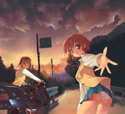 Rule 34 | 2girls, :d, bicycle, brown eyes, brown hair, cloud, glasses, hairband, long sleeves, motor vehicle, motorcycle, multiple girls, open mouth, original, outdoors, outstretched arm, outstretched hand, panties, pleated skirt, reaching, red hair, school uniform, serafuku, shihira tatsuya, sign, skirt, sky, smile, sweater, sweater vest, underwear, vehicle, vest, white panties