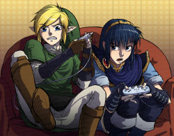 Rule 34 | 2boys, blonde hair, blue eyes, blue hair, clenched teeth, controller, couch, fire emblem, game controller, gloves, hairband, hat, link, louten, male focus, marth (fire emblem), multiple boys, nintendo, open mouth, playing games, pointy ears, sitting, super smash bros., teeth, the legend of zelda, watermark