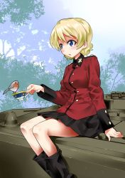 Rule 34 | 10s, 1girl, arm support, bird, bird request, black footwear, black skirt, blonde hair, blue eyes, boots, braid, cowboy shot, cup, darjeeling (girls und panzer), day, epaulettes, girls und panzer, highres, holding, inou takashi, jacket, long sleeves, looking to the side, military, military uniform, military vehicle, miniskirt, motor vehicle, outdoors, parted lips, pleated skirt, red jacket, short hair, sitting, skirt, solo, st. gloriana&#039;s military uniform, tank, teacup, twin braids, uniform, vehicle request