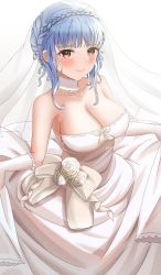 Rule 34 | 1girl, absurdres, alternate costume, bare shoulders, blue hair, blush, braid, breasts, bridal veil, brown eyes, cleavage, closed mouth, collarbone, commentary request, crown braid, detached collar, dokimaru, dress, elbow gloves, fire emblem, fire emblem: three houses, flower, gloves, highres, large breasts, looking at viewer, marianne von edmund, nintendo, rose, short hair, sidelocks, simple background, skirt hold, smile, solo, strapless, strapless dress, veil, wedding dress, white background, white dress, white flower, white gloves, white rose