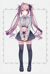 Rule 34 | 1girl, ahoge, black bow, black footwear, black skirt, black thighhighs, blue hair, bow, brown eyes, brown hair, closed mouth, collared shirt, commentary request, grey background, grey shirt, hair between eyes, hair bow, highres, kuroi (liar-player), long sleeves, looking at viewer, original, pleated skirt, shirt, shoes, skirt, sleeves past wrists, solo, standing, stuffed animal, stuffed rabbit, stuffed toy, thighhighs, twintails, twitter username