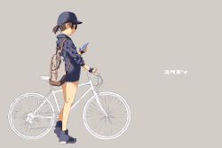 Rule 34 | 1girl, backpack, bag, bare legs, bicycle, black gloves, black sweater, blue footwear, blue hat, blue shorts, brown eyes, brown hair, cellphone, closed mouth, commentary request, denim, denim shorts, fingerless gloves, from side, full body, gloves, grey background, hat, holding, holding phone, hood, hood down, hooded sweater, long sleeves, looking at phone, low ponytail, original, phone, profile, shoes, short hair, short shorts, shorts, simple background, sketch, sleeves pushed up, smartphone, solo, standing, sweater, translated, yuuzii