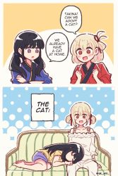 Rule 34 | 2girls, 2koma, :d, :o, = =, akamirai, arms at sides, bare shoulders, barefoot, black hair, blonde hair, blue kimono, blush, border, clenched hands, closed eyes, collarbone, comic, commentary, couch, crossed arms, english commentary, english text, frilled shirt, frills, hair ribbon, hands up, inoue takina, japanese clothes, kimono, lap pillow, long hair, long sleeves, looking at another, looking at viewer, low twintails, lycoris recoil, lying, meme, mixed-language commentary, multiple girls, nishikigi chisato, no mouth, no pupils, on couch, on side, one side up, open mouth, orange background, orange eyes, pants, parted lips, purple eyes, purple shorts, red kimono, red ribbon, ribbon, shirt, short hair, short sleeves, short twintails, shorts, sidelocks, sitting, sleeping, sleeping on person, smile, speech bubble, tasuki, twintails, twitter username, two-tone background, v-shaped eyebrows, we have food at home (meme), white background, white border, white pants, white shirt, yellow shirt, yuri
