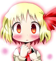 Rule 34 | 1girl, :o, ascot, bad id, bad pixiv id, blonde hair, blush, bow, child, close-up, embodiment of scarlet devil, eyelashes, female focus, givuchoko, hair bow, hair ornament, highres, open mouth, red eyes, rumia, short hair, solo, surprised, touhou, upper body