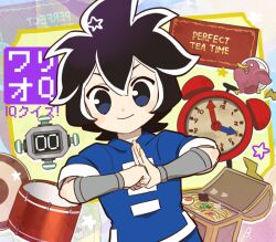 Rule 34 | 1boy, alarm clock, bebe 0620, bird, black eyes, black hair, blue pants, blue shirt, clock, closed mouth, dot nose, egg, food, gong, hair between eyes, male focus, nintendo, noodles, pants, shirt, short hair, short sleeves, smile, snare drum, solo, stopwatch, translation request, treasure chest, upper body, warioware, watch, young cricket