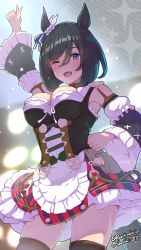 Rule 34 | 1girl, animal ears, arm up, artist name, belt, black hair, blush, boris (noborhys), breasts, cleavage, commentary request, cowboy shot, detached sleeves, eishin flash (umamusume), frilled skirt, frills, german clothes, hair between eyes, hair ornament, hair scrunchie, hand on own hip, highres, horse ears, horse girl, idol, index finger raised, large breasts, lights, one eye closed, open mouth, scrunchie, short hair, signature, skindentation, skirt, solo, thighhighs, umamusume, zettai ryouiki