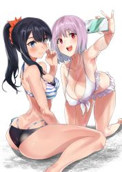 Rule 34 | 10s, 2girls, arched back, ass, bad feet, bare shoulders, bikini, black bikini, black hair, blue eyes, breasts, butt crack, cellphone, cleavage, dimples of venus, foreshortening, gridman universe, hair between eyes, hanging breasts, highres, hotate-chan, large breasts, layered bikini, light smile, long hair, looking at viewer, multiple girls, open mouth, phone, purple hair, red eyes, round teeth, selfie, shinjou akane, short hair, simple background, sitting, smartphone, smile, ssss.gridman, string bikini, striped bikini, striped clothes, swimsuit, takarada rikka, teeth, thighs, v, white background