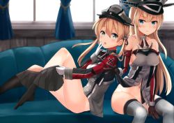 Rule 34 | 10s, 2girls, absurdres, anchor hair ornament, aqua eyes, backlighting, bare shoulders, bismarck (kancolle), black gloves, black legwear, black skirt, blue eyes, blush, bottomless, breasts, brown gloves, clothes pull, detached sleeves, gloves, grey legwear, hair between eyes, hair ornament, hat, highres, indoors, kantai collection, light brown hair, long hair, looking at viewer, low twintails, lying, medium breasts, mono (sunegey), multiple girls, navel, on side, open mouth, peaked cap, pleated skirt, prinz eugen (kancolle), scan, sideboob, sitting, skirt, skirt pull, socks, thighhighs, twintails, undressing, uniform, white gloves
