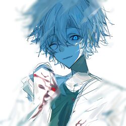Rule 34 | 1boy, black shirt, blood, blood on clothes, blue eyes, blurry, chinese commentary, commentary request, glass, kanou aogu, lab coat, long hair, long sleeves, male focus, one eye closed, open clothes, open mouth, panopticonn, portrait, saibou shinkyoku, semi-rimless eyewear, shirt, short hair, simple background, sketch, smile, solo, white background, white hair