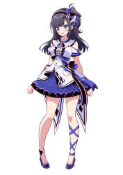 Rule 34 | 1girl, absurdres, black hair, blouse, blue eyes, blue footwear, blue ribbon, blue skirt, center frills, clothing cutout, commentary request, frilled sleeves, frills, full body, hair ornament, high heels, highres, ichijo rei, long hair, looking at viewer, miniskirt, nanami rona, neck ribbon, open mouth, palette project, ribbon, shirt, short sleeves, shoulder cutout, simple background, skirt, smile, solo, standing, virtual youtuber, white background, white shirt