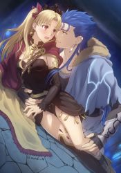 Rule 34 | 1boy, 1girl, blonde hair, blue hair, blush, breasts, cape, collarbone, commentary request, cu chulainn (caster) (fate), cu chulainn (fate), dutch angle, earrings, ereshkigal (fate), fate/grand order, fate (series), fur trim, hair ornament, hand on another&#039;s knee, highres, jewelry, long hair, looking at another, mondi hl, parted bangs, ponytail, red cape, red eyes, skull ornament