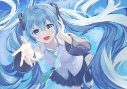 Rule 34 | 1girl, blue eyes, blue hair, blue necktie, detached sleeves, facing viewer, hatsune miku, highres, koyulu, long hair, looking at viewer, necktie, open mouth, outstretched arm, solo, twintails, very long hair, vocaloid