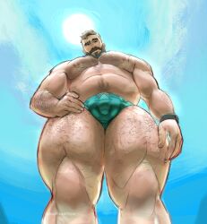Rule 34 | 1boy, absurdres, bara, beard, beefflavorchips, belly, brown hair, bulge, coral island, facial hair, fat, fat man, feet out of frame, foreshortening, freckles, from below, full beard, green male swimwear, hairy, head tilt, highres, large pectorals, looking at viewer, male focus, male swimwear, mark (coral island), mature male, muscular, muscular male, navel, navel hair, nipples, pectorals, short hair, solo, sparse leg hair, standing, stomach, strongman waist, sunlight, swim briefs, thick beard, thick chest hair, thick eyebrows, thick mustache, thick thighs, thighs, thighs together, topless male