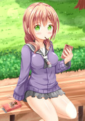Rule 34 | 10s, 1girl, black skirt, blush, breasts, brown hair, cardigan, cellphone, closed mouth, commentary request, day, food, food in mouth, green eyes, grey neckwear, hair between eyes, highres, holding, holding phone, long hair, looking away, medium breasts, mouth hold, outdoors, phone, pleated skirt, pocky, purple cardigan, school uniform, serafuku, shirt, sitting, skirt, slow start, solo, tokura eiko, white shirt, xenon (for achieve)