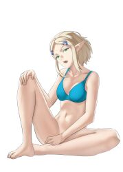 Rule 34 | 1girl, barefoot, blonde hair, blue bra, bottomless, bra, breasts, collarbone, commentary, covering privates, covering crotch, english commentary, eyelashes, feet, forehead, green eyes, hair ornament, hairclip, hand on own knee, hand up, head tilt, highres, knee up, legs, looking at viewer, medium breasts, medium hair, navel, nintendo, open mouth, pointy ears, pomelomelon, princess zelda, sidelocks, simple background, teeth, the legend of zelda, the legend of zelda: tears of the kingdom, toenails, toes, underwear, white background
