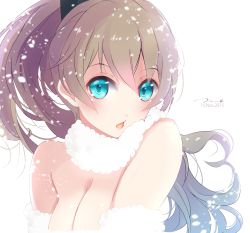 Rule 34 | 10s, 1girl, :o, bare shoulders, black ribbon, blue eyes, blush, breasts, cleavage, dated, fur trim, hair ribbon, highres, kantai collection, kumano (kancolle), long hair, looking at viewer, open mouth, ponytail, ribbon, scarf, signature, snowflakes, snowing, solo, tebi (tbd11), upper body, white scarf