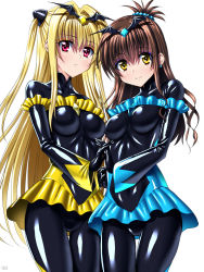 Rule 34 | 2girls, bad end beauty, bad end beauty (cosplay), bad end peace, bad end peace (cosplay), bad end precure, bat hair ornament, black bodysuit, blonde hair, blue skirt, blush, bodysuit, breasts, brown hair, cosplay, covered navel, dress, earrings, eyeshadow, female focus, friends, frills, gloves, hair between eyes, hair ornament, holding hands, interlocked fingers, jewelry, konjiki no yami, latex, latex dress, latex gloves, latex suit, long hair, looking at viewer, makeup, microskirt, multiple girls, precure, red eyes, sen (sansui), shiny clothes, shy, signature, simple background, skin tight, skirt, smile, smile precure!, standing, to love-ru, topknot, twintails, two side up, v-neck, very long hair, white background, wide sleeves, yellow eyes, yellow skirt, yuuki mikan