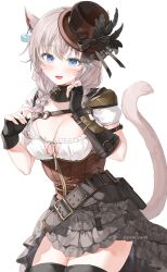 Rule 34 | 1girl, absurdres, animal ears, belt, black gloves, blue eyes, boots, breasts, cat ears, cat tail, cleavage, earrings, facial mark, final fantasy, final fantasy xiv, fingerless gloves, gloves, hat, highres, jewelry, large breasts, looking at viewer, miqo&#039;te, open mouth, solo, tail, thigh boots, warrior of light (ff14), whisker markings, white background, yana mori
