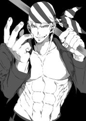 Rule 34 | 1boy, abs, bad id, bad pixiv id, bandana, billy kane, fang, greyscale, grin, highres, hohehohe, jacket, male focus, monochrome, open clothes, open jacket, over shoulder, pectorals, topless male, smile, solo, staff, striped, the king of fighters, weapon, weapon over shoulder
